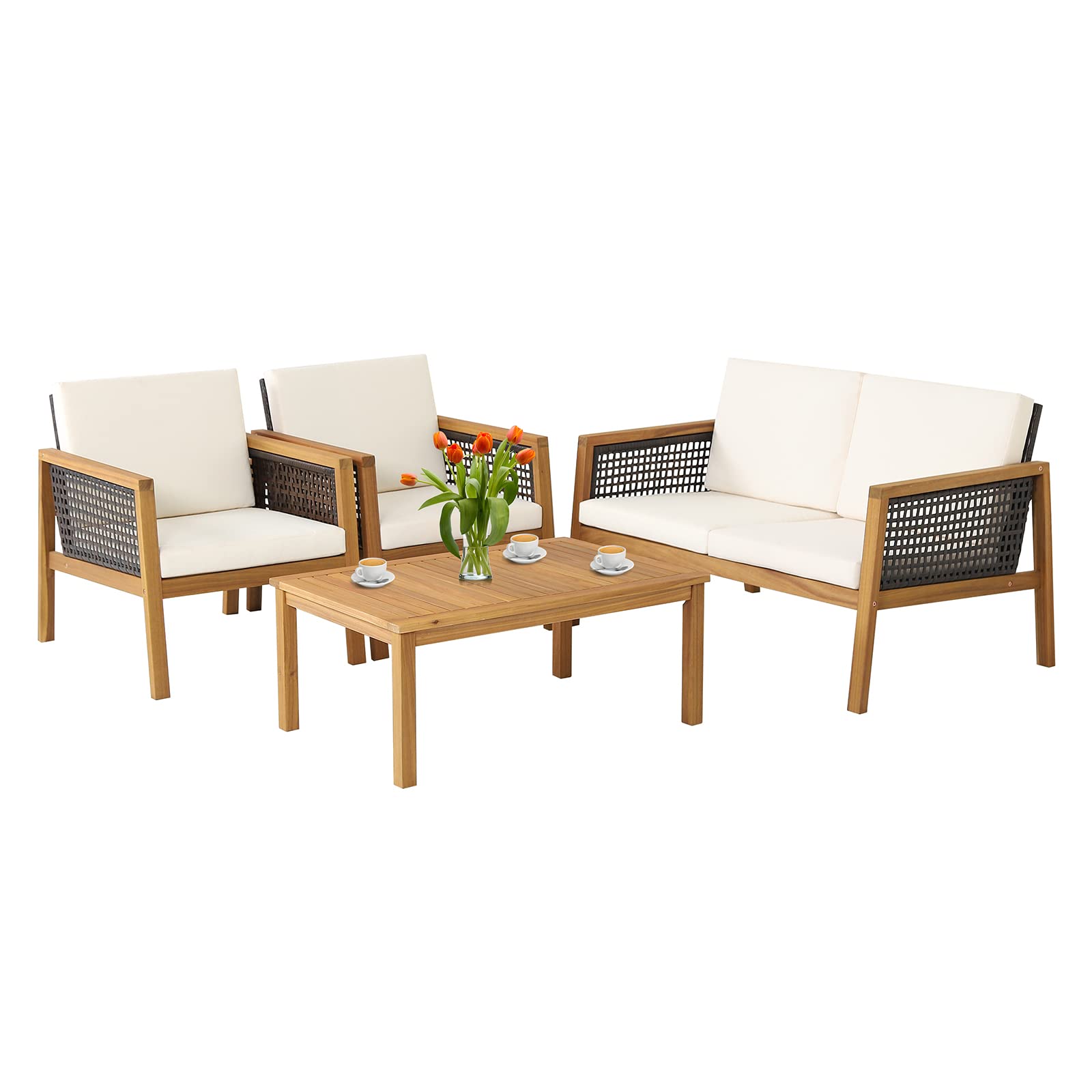 PATIOJOY 4 Pieces Outdoor Acacia Wood Furniture Set, PE Wicker Conversation Set with Coffee Table and Soft Cushions, Sofa for Garden, Poolside and Backyard (1, Off White)