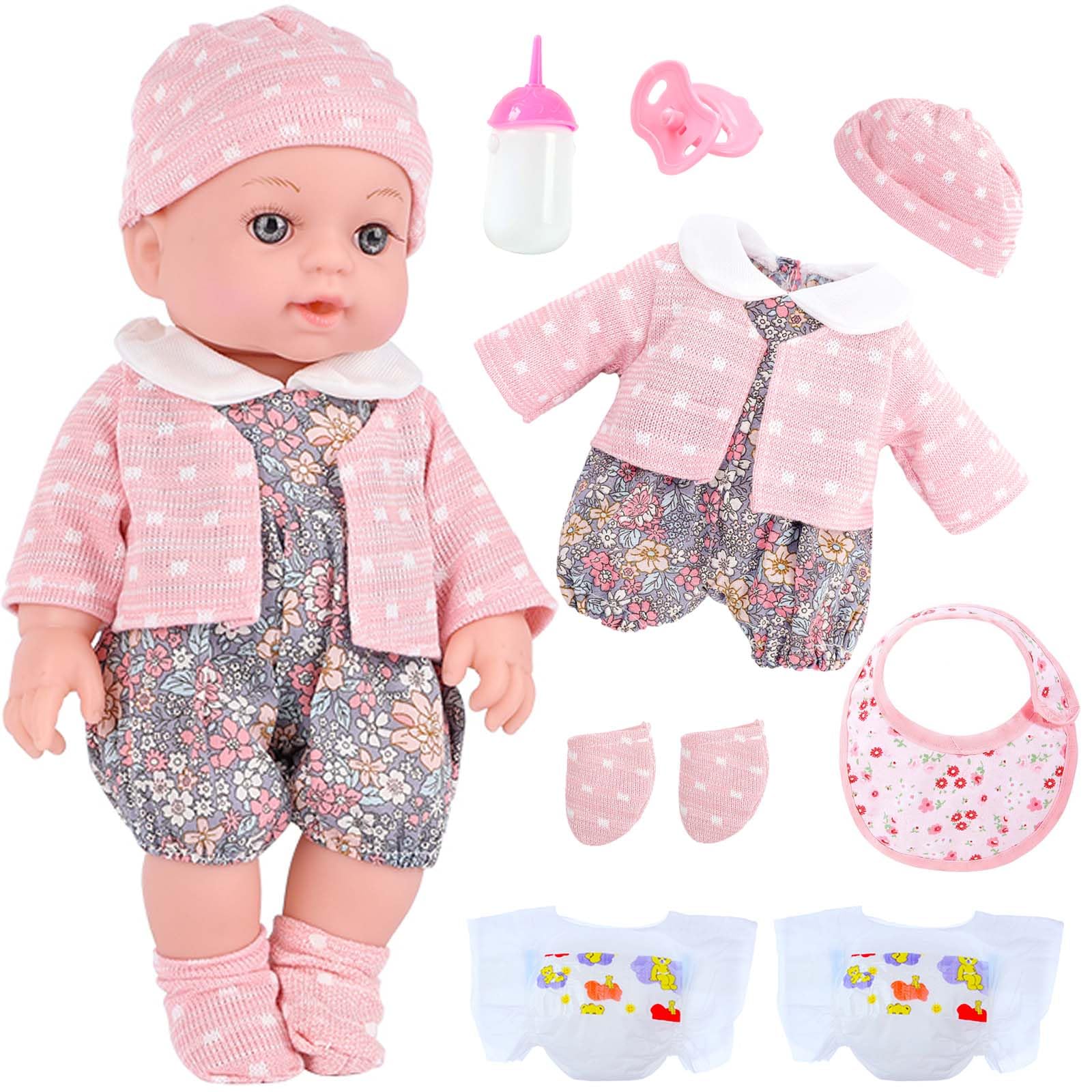 UZIDBTO Realistic Baby Doll Set in Gift Box - 12 Inch Newborn Alive Baby Doll with Accessories and Clothes with Pacifier Feeding Bottle Diapers Hat Bib Socks Stuff Gift Idea for Ages 3+