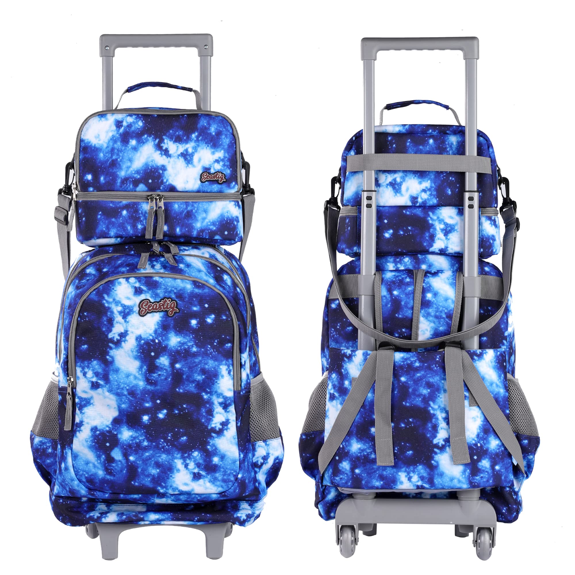 seastig Rolling Backpack 18in Double Handle Backpack Kids Wheeled Backpack Roller Backpack with Lunch Bag Set Girls Boys