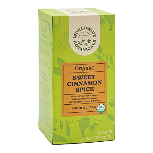 Worldwide Botanicals Sweet Cinnamon Spice Herbal Tea - Organic, Caffeine Free, Kosher, Naturally Sweet, 50% More Herbs - 25 Tea Bags