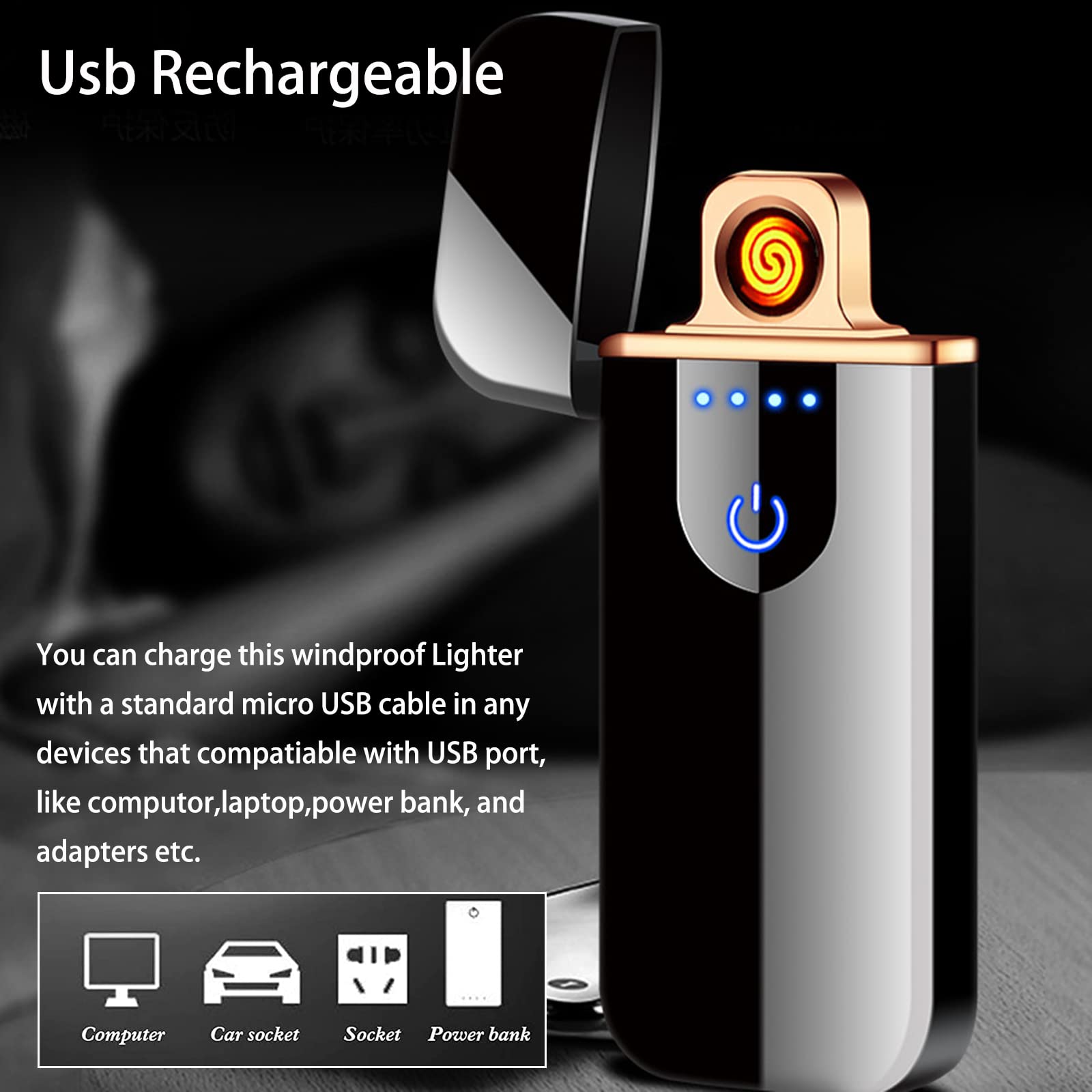 Electronic Lighter, Smart Electric Lighter, Mini USB Rechargeable Lighter Touch Double-Sided Ignition Windproof Flameless Lighter Lightweight Plasma Lighter with Battery Indicator (Black)