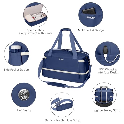 ETRONIK Gym Bag for Women, Travel Duffel Bag with USB Charging Port, Weekender Overnight Bag with Wet Pocket and Shoes Compartment for Women, Travel, Gym, Yoga (Dark Blue)