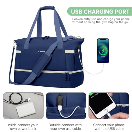 ETRONIK Gym Bag for Women, Travel Duffel Bag with USB Charging Port, Weekender Overnight Bag with Wet Pocket and Shoes Compartment for Women, Travel, Gym, Yoga (Dark Blue)