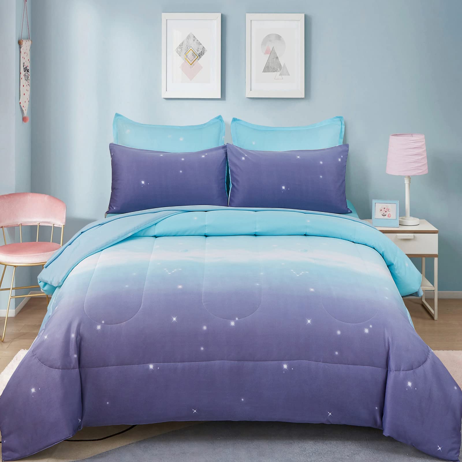 Girls Comforter Set Twin Size 6 Pieces Rainbow Comforter Blue Purple Bedding Set for Kids Ultra Soft Microfiber Comforter and Sheet Sets for All Season