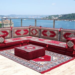 Maroon L Shaped Sectional Sofas, Arabic Sofa Set, Terrace Pallet Sofa, Floor Cushions, Arabic Majlis, Pouffs, Turkish Floor Seating Set (L Sofa + Rug + Ottoman, 8'' Thickness (20 cm))