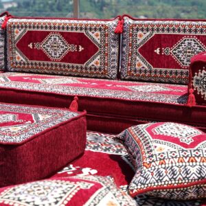 Maroon L Shaped Sectional Sofas, Arabic Sofa Set, Terrace Pallet Sofa, Floor Cushions, Arabic Majlis, Pouffs, Turkish Floor Seating Set (L Sofa + Rug + Ottoman, 8'' Thickness (20 cm))