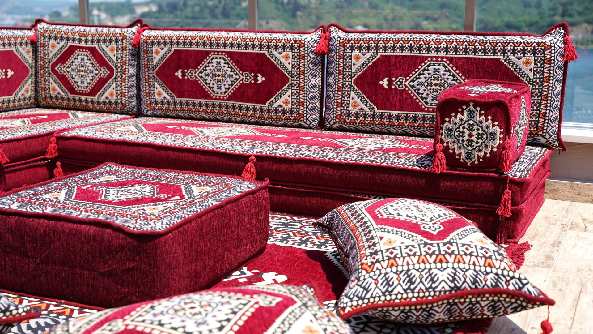 Maroon L Shaped Sectional Sofas, Arabic Sofa Set, Terrace Pallet Sofa, Floor Cushions, Arabic Majlis, Pouffs, Turkish Floor Seating Set (L Sofa + Rug + Ottoman, 8'' Thickness (20 cm))