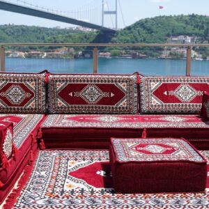 Maroon L Shaped Sectional Sofas, Arabic Sofa Set, Terrace Pallet Sofa, Floor Cushions, Arabic Majlis, Pouffs, Turkish Floor Seating Set (L Sofa + Rug + Ottoman, 8'' Thickness (20 cm))