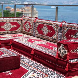 Maroon L Shaped Sectional Sofas, Arabic Sofa Set, Terrace Pallet Sofa, Floor Cushions, Arabic Majlis, Pouffs, Turkish Floor Seating Set (L Sofa + Rug + Ottoman, 8'' Thickness (20 cm))