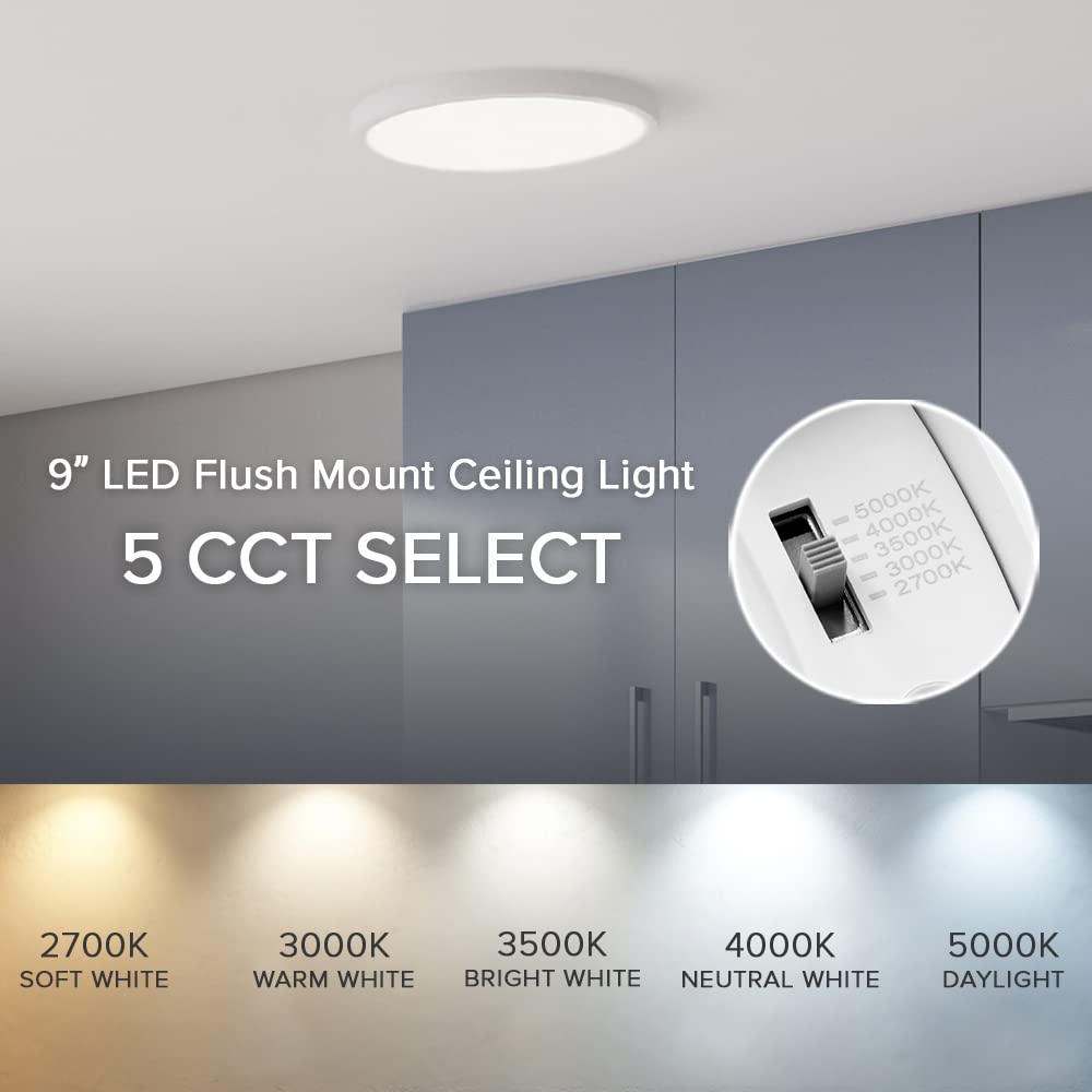 Maxxima 9 in. LED Flush Mount Ceiling Light Fixture - 1500 Lumens, 5 CCT 2700K-5000K, Round Color Selectable Panel Light, Dimmable, Recessed Can or J-Box Install, Suitable for Bathroom or Shower