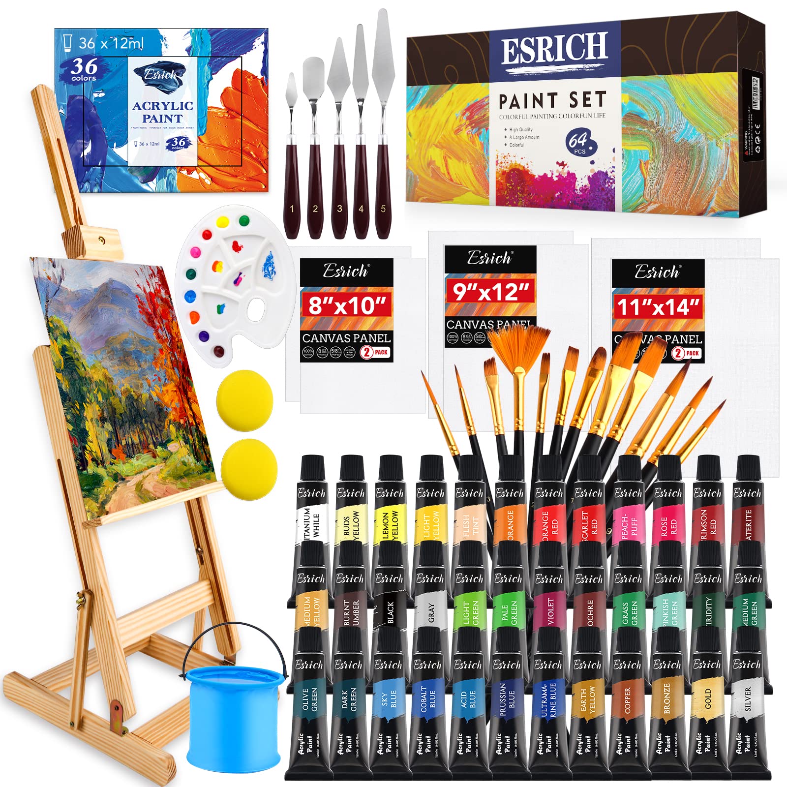 ESRICH Acrylic Paint Set,64PCS Painting Supplies with Wooden Easel,Paint Brushes,36Colors Acrylic Paint, Canvases,Palette,Paint Knives Etc,Painting Kit for Adults,Students,Hobbyists,Beginners