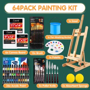 ESRICH Acrylic Paint Set,64PCS Painting Supplies with Wooden Easel,Paint Brushes,36Colors Acrylic Paint, Canvases,Palette,Paint Knives Etc,Painting Kit for Adults,Students,Hobbyists,Beginners