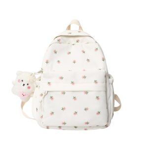 kakarin choyx Kawaii Backpack Mori Art Floral Bag With Pendant 12.2 Inch Aesthetic Backpack Cute Backpack Medium Bag (White, Middle)