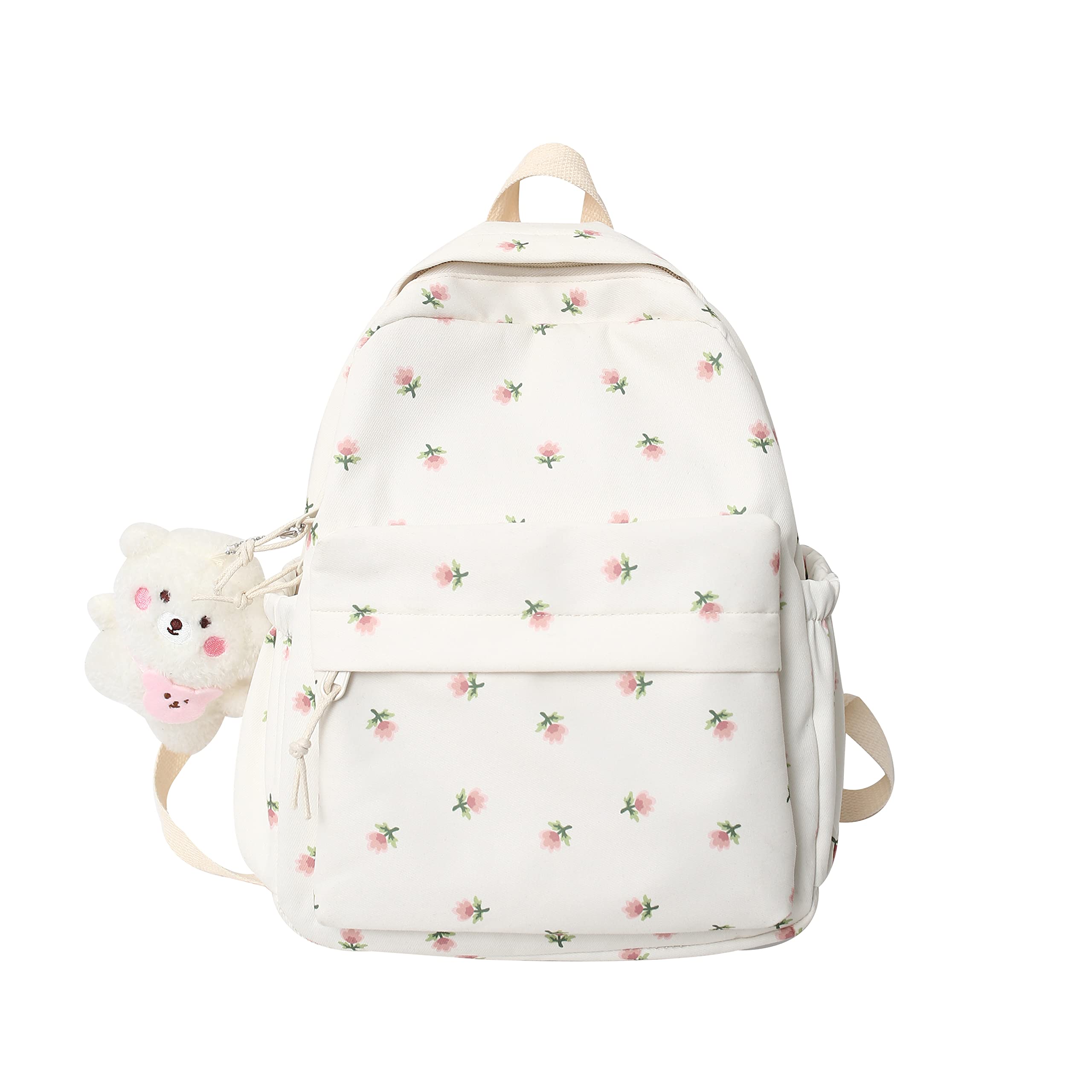 kakarin choyx Kawaii Backpack Mori Art Floral Bag With Pendant 12.2 Inch Aesthetic Backpack Cute Backpack Medium Bag (White, Middle)