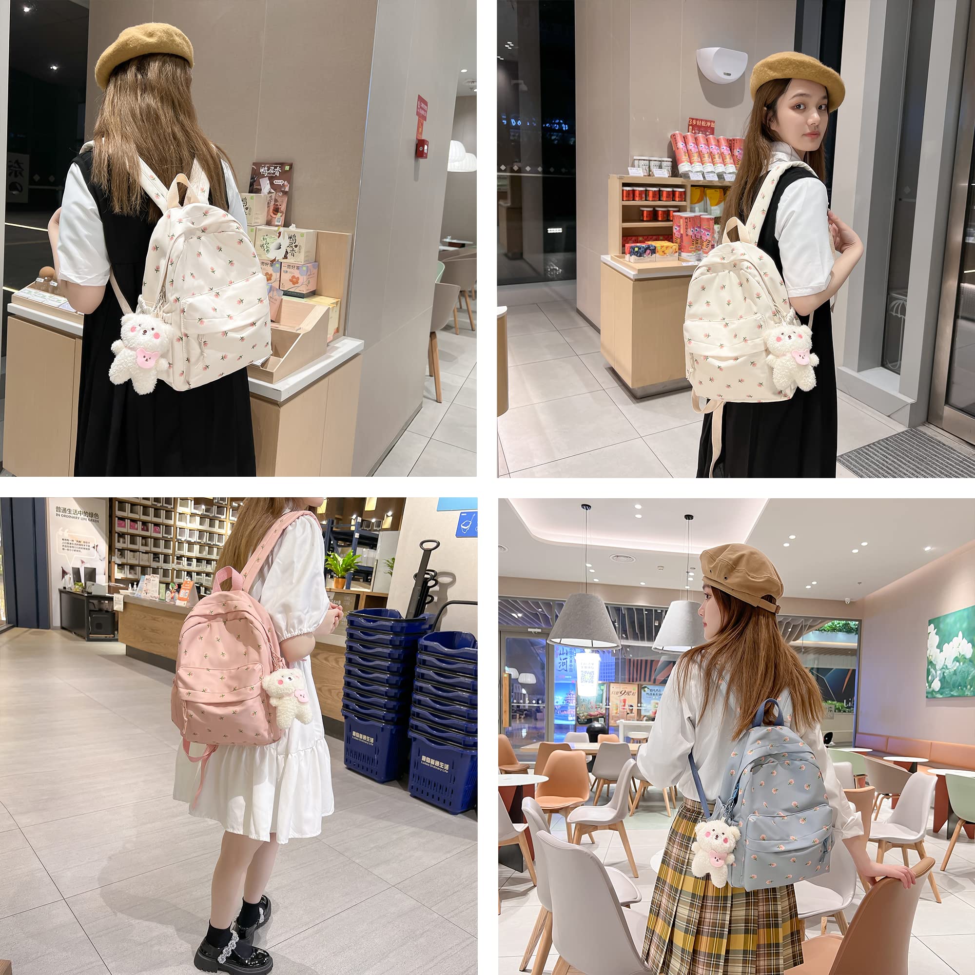 kakarin choyx Kawaii Backpack Mori Art Floral Bag With Pendant 12.2 Inch Aesthetic Backpack Cute Backpack Medium Bag (White, Middle)