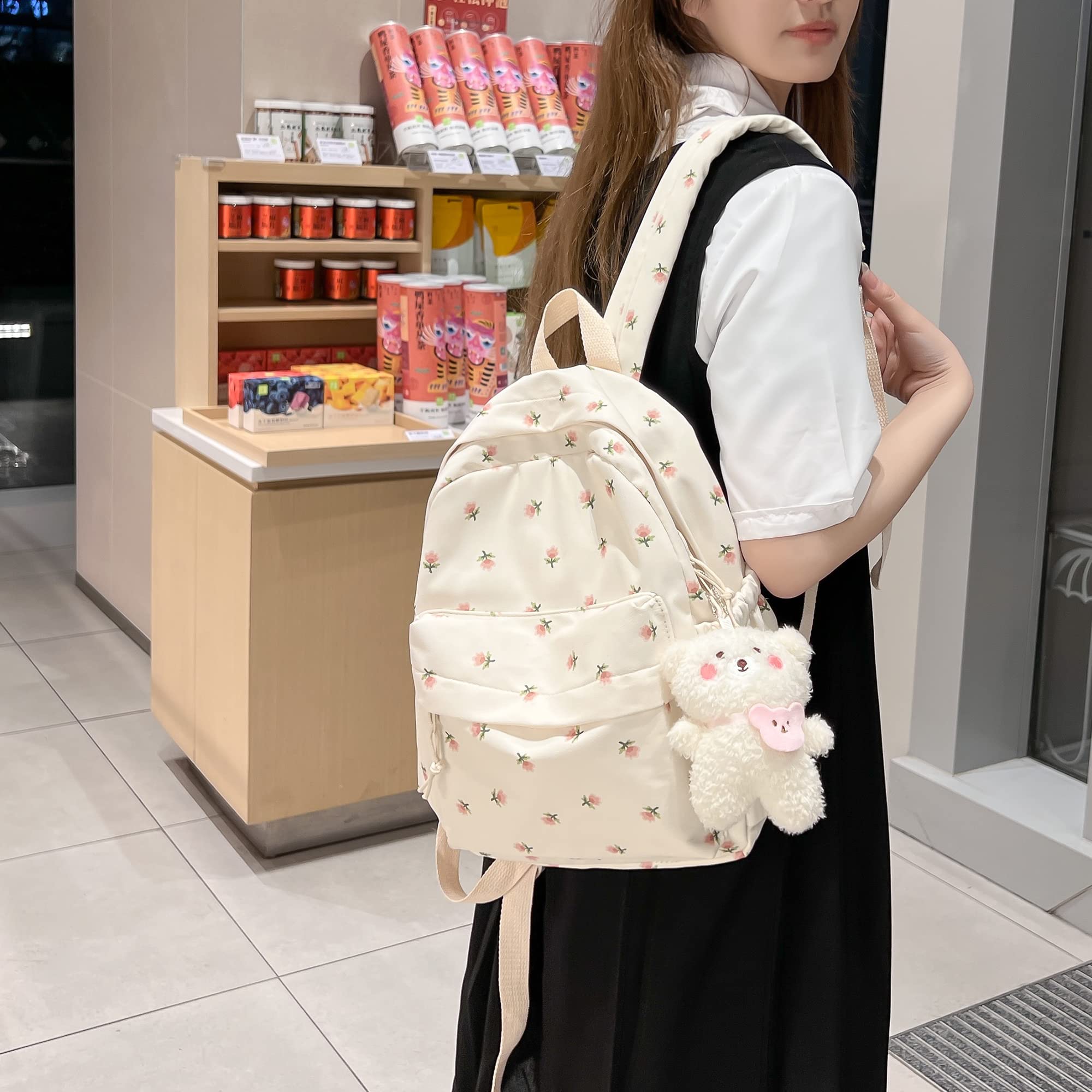 kakarin choyx Kawaii Backpack Mori Art Floral Bag With Pendant 12.2 Inch Aesthetic Backpack Cute Backpack Medium Bag (White, Middle)