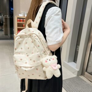 kakarin choyx Kawaii Backpack Mori Art Floral Bag With Pendant 12.2 Inch Aesthetic Backpack Cute Backpack Medium Bag (White, Middle)