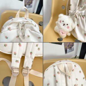 kakarin choyx Kawaii Backpack Mori Art Floral Bag With Pendant 12.2 Inch Aesthetic Backpack Cute Backpack Medium Bag (White, Middle)