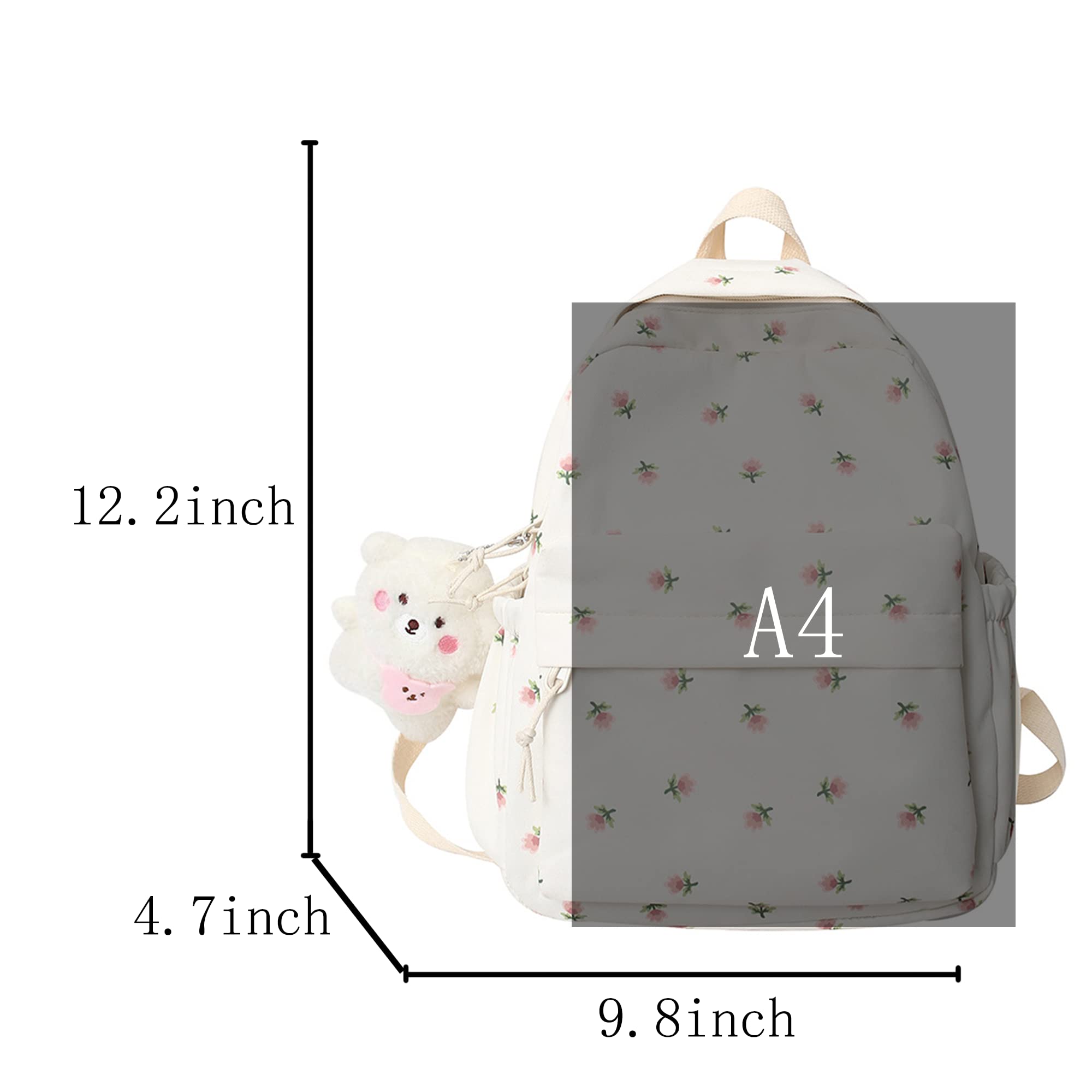 kakarin choyx Kawaii Backpack Mori Art Floral Bag With Pendant 12.2 Inch Aesthetic Backpack Cute Backpack Medium Bag (White, Middle)