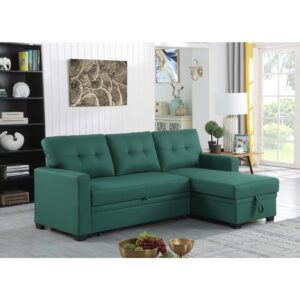 Devion Furniture L-Shaped Polyester Fabric Reversible, Easy Convertible Pull-Out Sleeper Sectional Sofa/Storage Chaise with Tufted Back Cushions and Track Arms in Green