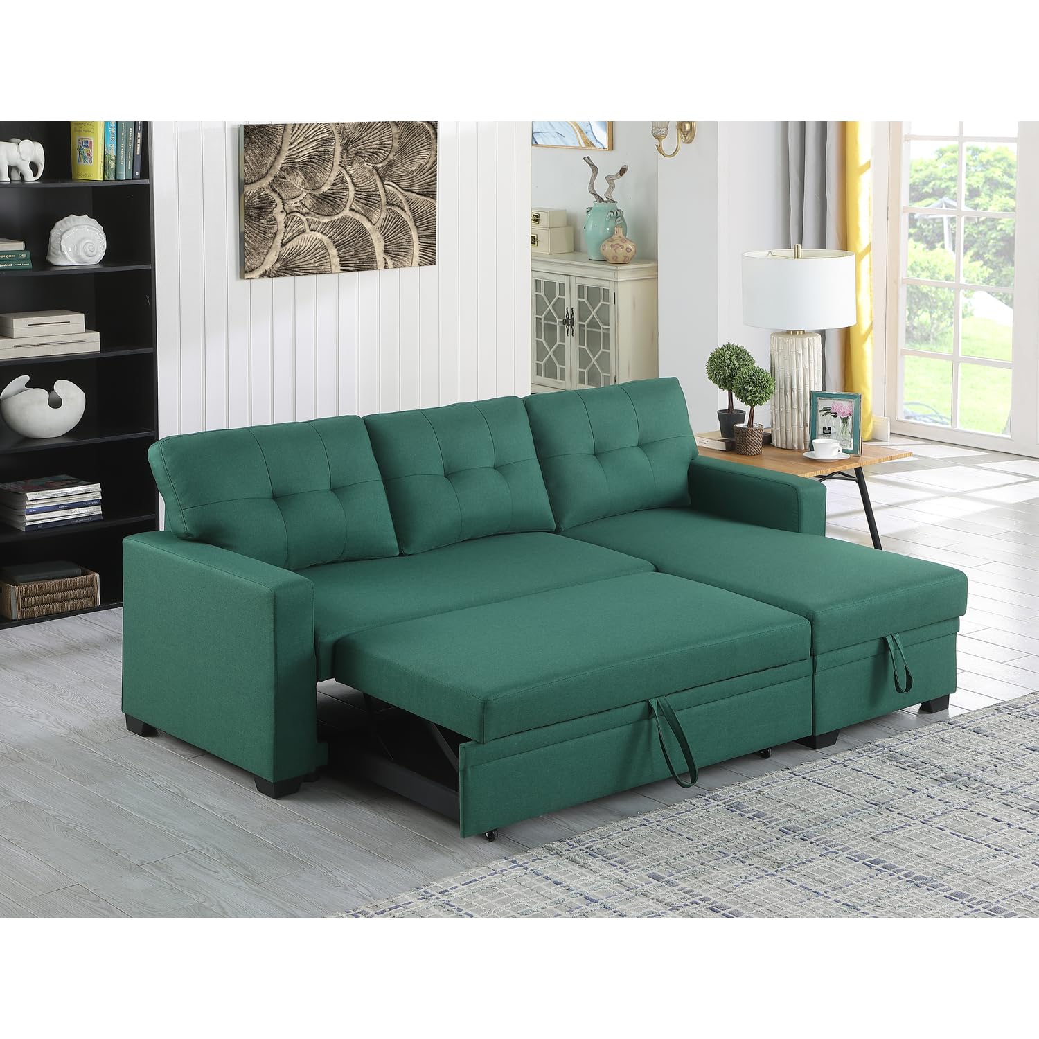 Devion Furniture L-Shaped Polyester Fabric Reversible, Easy Convertible Pull-Out Sleeper Sectional Sofa/Storage Chaise with Tufted Back Cushions and Track Arms in Green