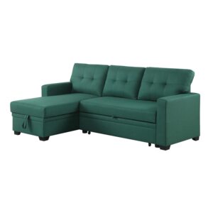 Devion Furniture L-Shaped Polyester Fabric Reversible, Easy Convertible Pull-Out Sleeper Sectional Sofa/Storage Chaise with Tufted Back Cushions and Track Arms in Green