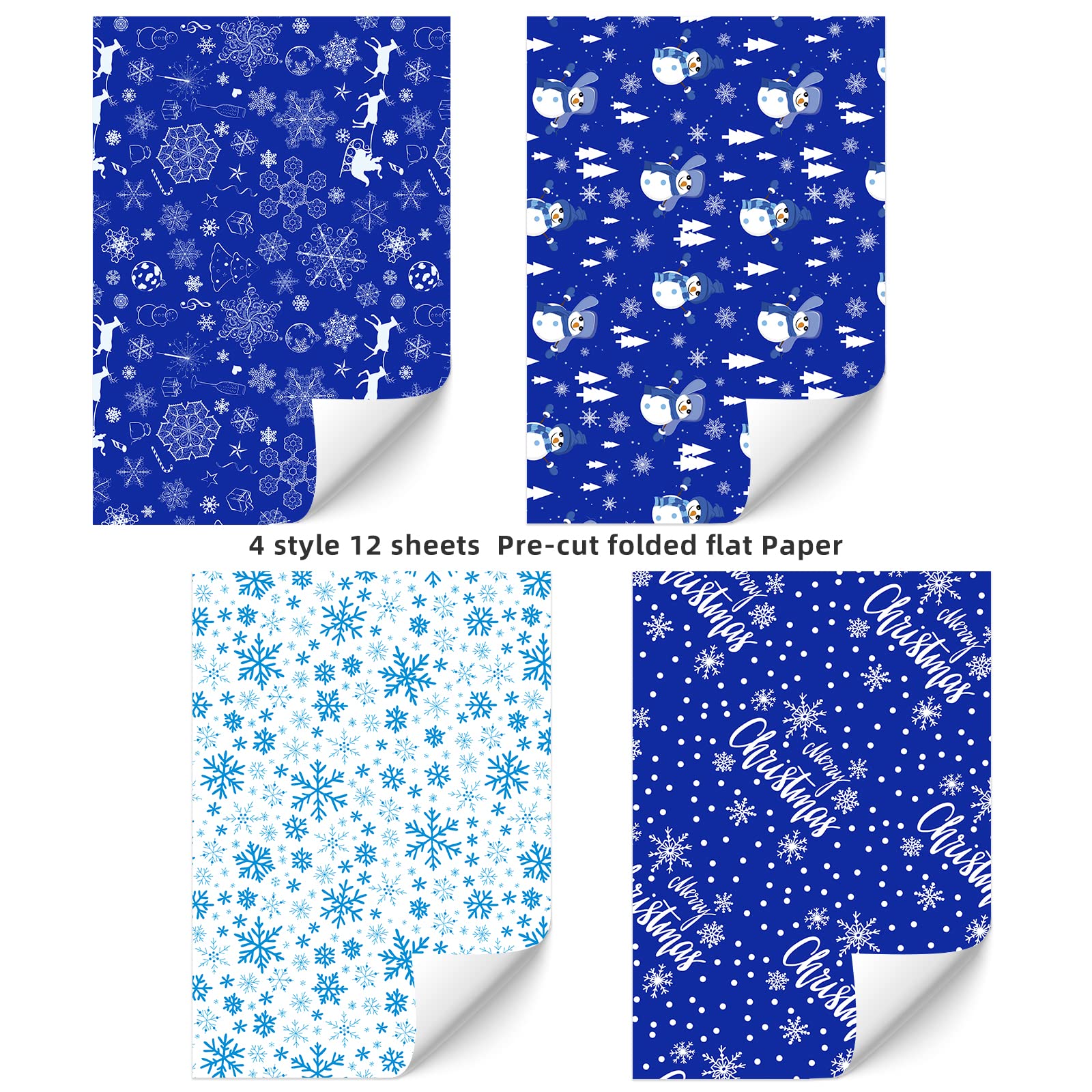 PlandRichW Christmas Wrapping Paper Folded 12 Sheets for Kids Boys Girls Man Women,Blue and White Snowmen Snowflakes Merry Christmas Deer,Image Arts Blue Holiday Wrapping Paper Each 20" X 29"