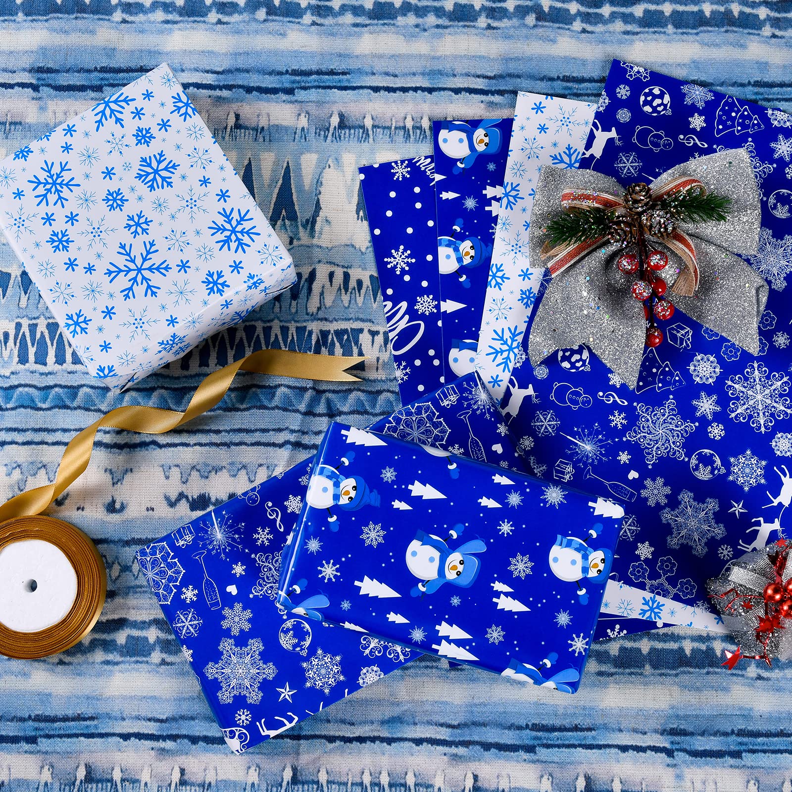 PlandRichW Christmas Wrapping Paper Folded 12 Sheets for Kids Boys Girls Man Women,Blue and White Snowmen Snowflakes Merry Christmas Deer,Image Arts Blue Holiday Wrapping Paper Each 20" X 29"