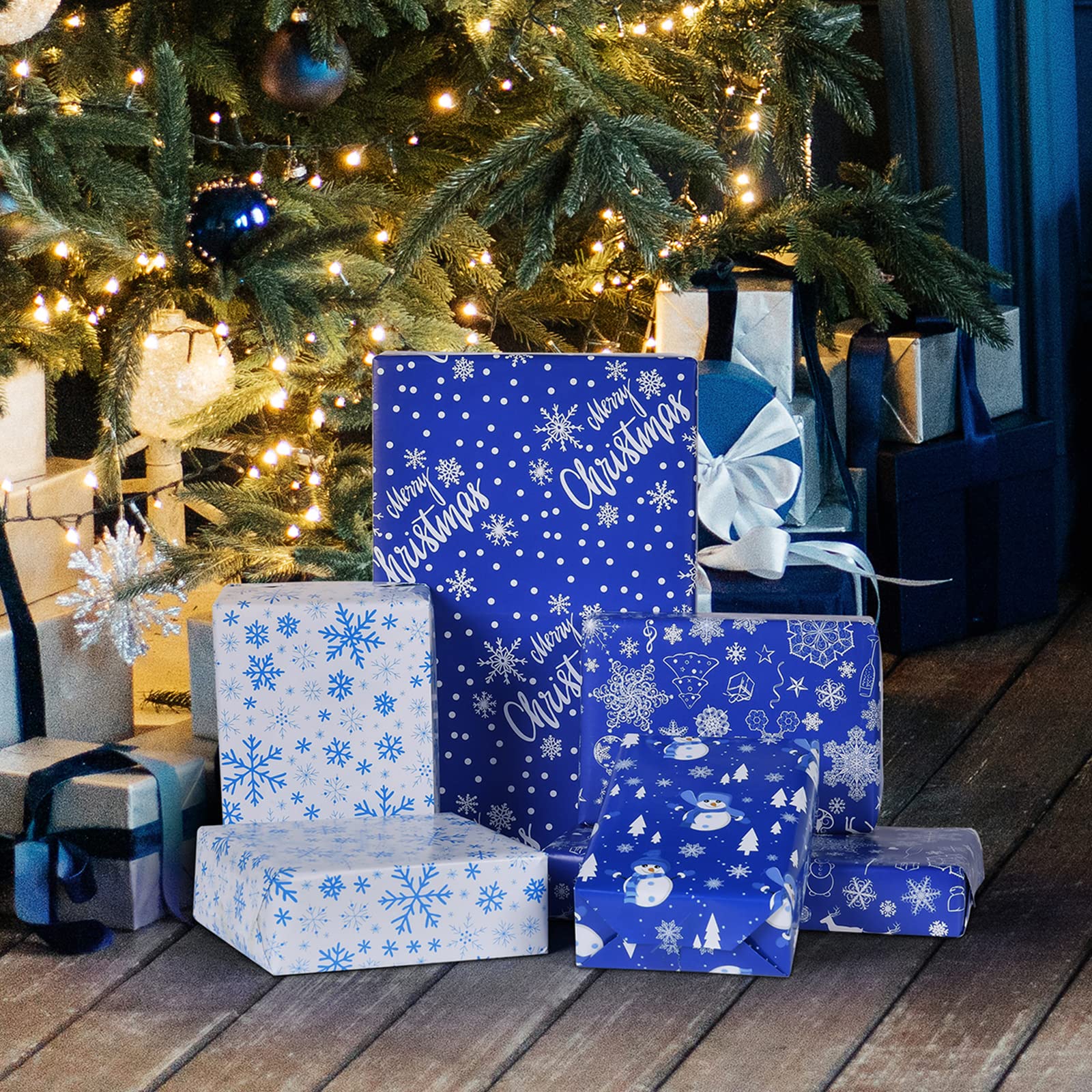 PlandRichW Christmas Wrapping Paper Folded 12 Sheets for Kids Boys Girls Man Women,Blue and White Snowmen Snowflakes Merry Christmas Deer,Image Arts Blue Holiday Wrapping Paper Each 20" X 29"