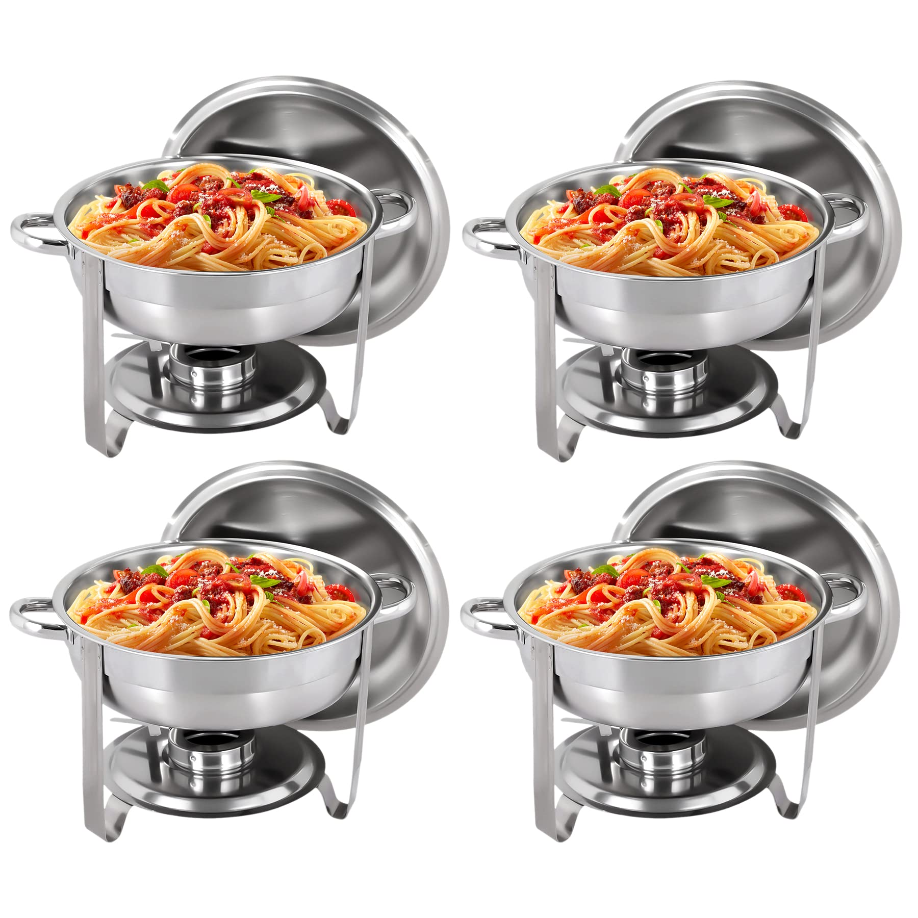 GRANDMA SHARK 4 Set Upgraded 5Qt Full Size Stainless Steel Chafing Dish Round Chafer Buffet Catering Warmer Set W/Food and Water Pan, Lid, Solid Stand and Fuel Holder …