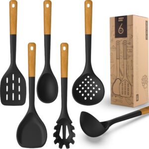 Large Silicone Cooking Utensils Set - Heat Resistant Silicone Kitchen Utensils for Cooking w Wooden Handles, Spatula Set, Kitchen Utensil Gadgets Sets for Non-Stick Cookware, BPA Free (Black)