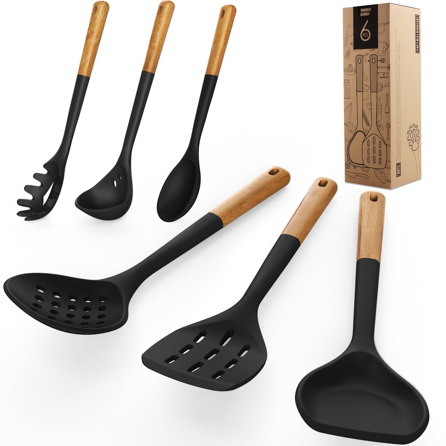 Large Silicone Cooking Utensils Set - Heat Resistant Silicone Kitchen Utensils for Cooking w Wooden Handles, Spatula Set, Kitchen Utensil Gadgets Sets for Non-Stick Cookware, BPA Free (Black)