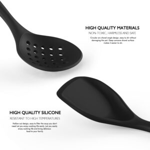 Large Silicone Cooking Utensils Set - Heat Resistant Silicone Kitchen Utensils for Cooking w Wooden Handles, Spatula Set, Kitchen Utensil Gadgets Sets for Non-Stick Cookware, BPA Free (Black)