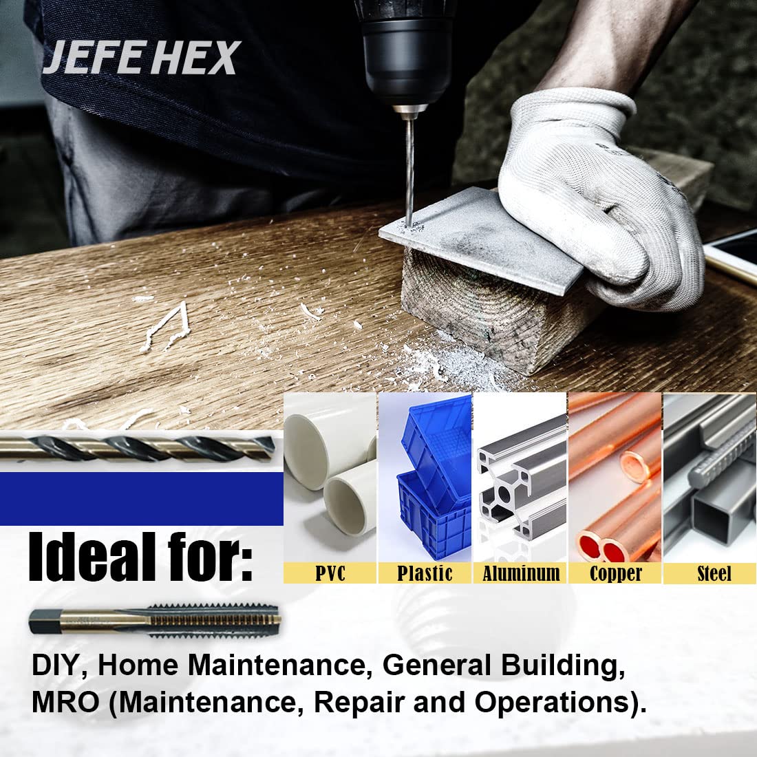 JEFE HEX 18-Piece Drill and Tap Set with 1 Piece T-Handle Ratchet Tap Wrench Capacity Range #0-1/4", Black and Gold Premium HSS Jobber Length Drill Bits and Hand Plug Taps with Metal Indexed Box