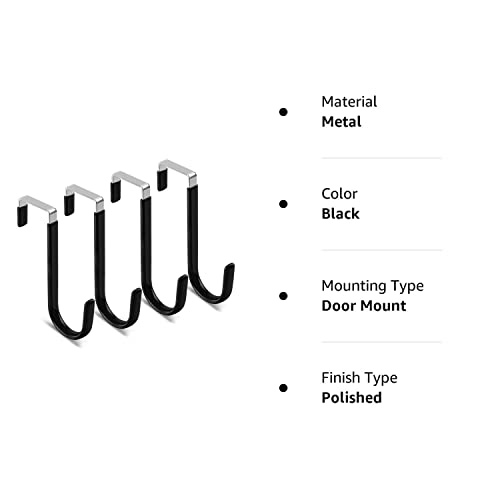 Over The Door Hook - 4 Pack Single Hooks Hanger Metal for Hanging Towel Coats Clothes Hats Bags Bathroom | Black