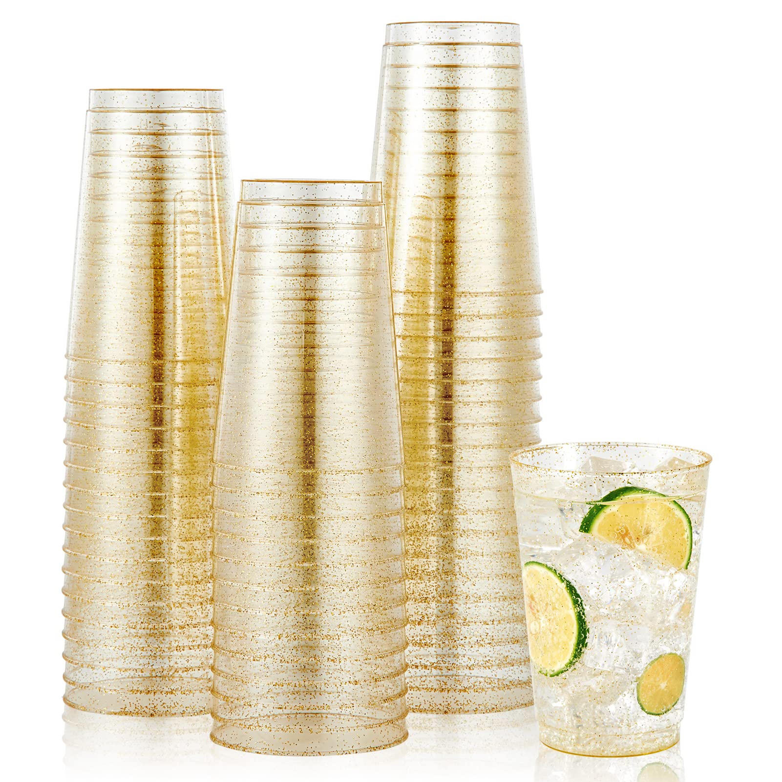 JOLLY CHEF 100 Pack 12 oz Gold Plastic Cups, Disposable Gold Cups,Heavy-duty Clear Plastic Tumblers, Gold Glitter Cups, Disposable Cups for Wedding, Thanksgiving, Christmas Party