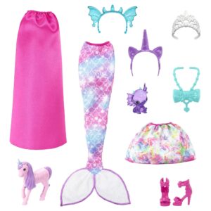 Barbie Dreamtopia Doll with Clothes & Accessories, Fairytale Dress-Up Set with Mermaid Tail, Baby Unicorn, Dragon Pet & More