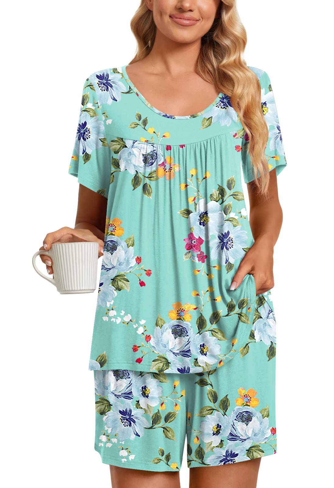 TAOHUADAO Womens Summer 2 Piece Pajama Sets, Short Sleeve Pleated Tunic Tops with Comfy Shorts, Lounge Sleepwear Ladies Pjs Sets with Pockets 2XL, Mint Green