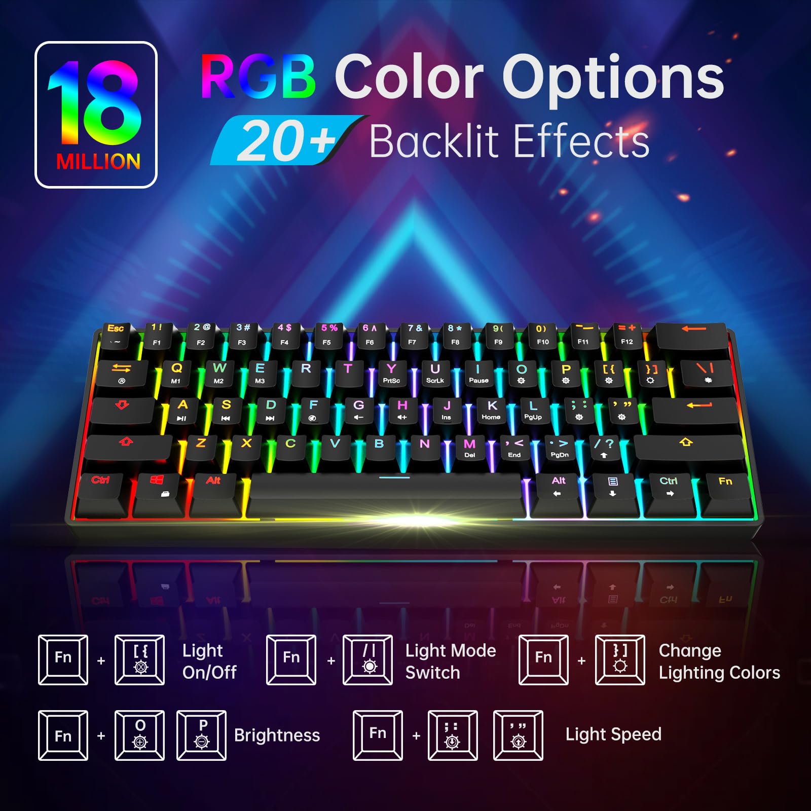 targeal 60% Mechanical Gaming Keyboard - 61 Keys Gateron Red Switch Quiet Office Computer Keyboard - Multi Color RGB Rainbow Led Backlit - Programmable for PC/Windows/Mac/Gamer - USB Wired - Black