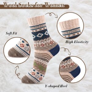 5 Pairs Wool Socks - Wool Socks for Women, Warm Cozy Crew Socks, Warm Winter Socks for Women, Womens Vintage Socks, Thick Knit Cabin Cozy Wool Socks Gifts for Women, 6-10