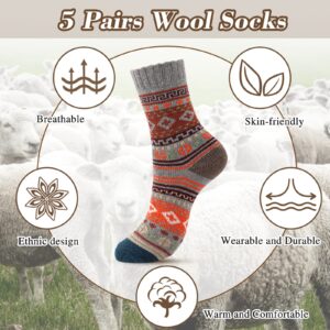 5 Pairs Wool Socks - Wool Socks for Women, Warm Cozy Crew Socks, Warm Winter Socks for Women, Womens Vintage Socks, Thick Knit Cabin Cozy Wool Socks Gifts for Women, 6-10