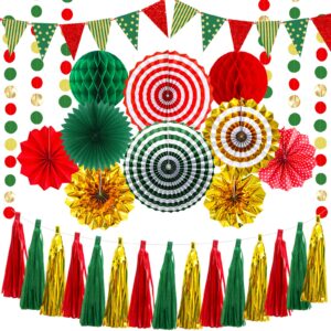 red green gold party decoration hanging paper fans, pom poms flowers, honeycomb ball, garlands string polka dot,tassel garland and triangle flags for graduation, birthday, wedding, baby bridal shower