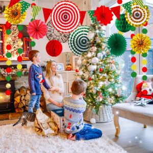 Red Green Gold Party Decoration Hanging Paper Fans, Pom Poms Flowers, Honeycomb Ball, Garlands String Polka Dot,Tassel Garland and Triangle Flags for Graduation, Birthday, Wedding, Baby Bridal Shower