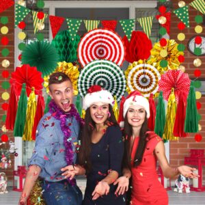 Red Green Gold Party Decoration Hanging Paper Fans, Pom Poms Flowers, Honeycomb Ball, Garlands String Polka Dot,Tassel Garland and Triangle Flags for Graduation, Birthday, Wedding, Baby Bridal Shower