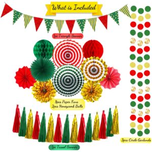 Red Green Gold Party Decoration Hanging Paper Fans, Pom Poms Flowers, Honeycomb Ball, Garlands String Polka Dot,Tassel Garland and Triangle Flags for Graduation, Birthday, Wedding, Baby Bridal Shower