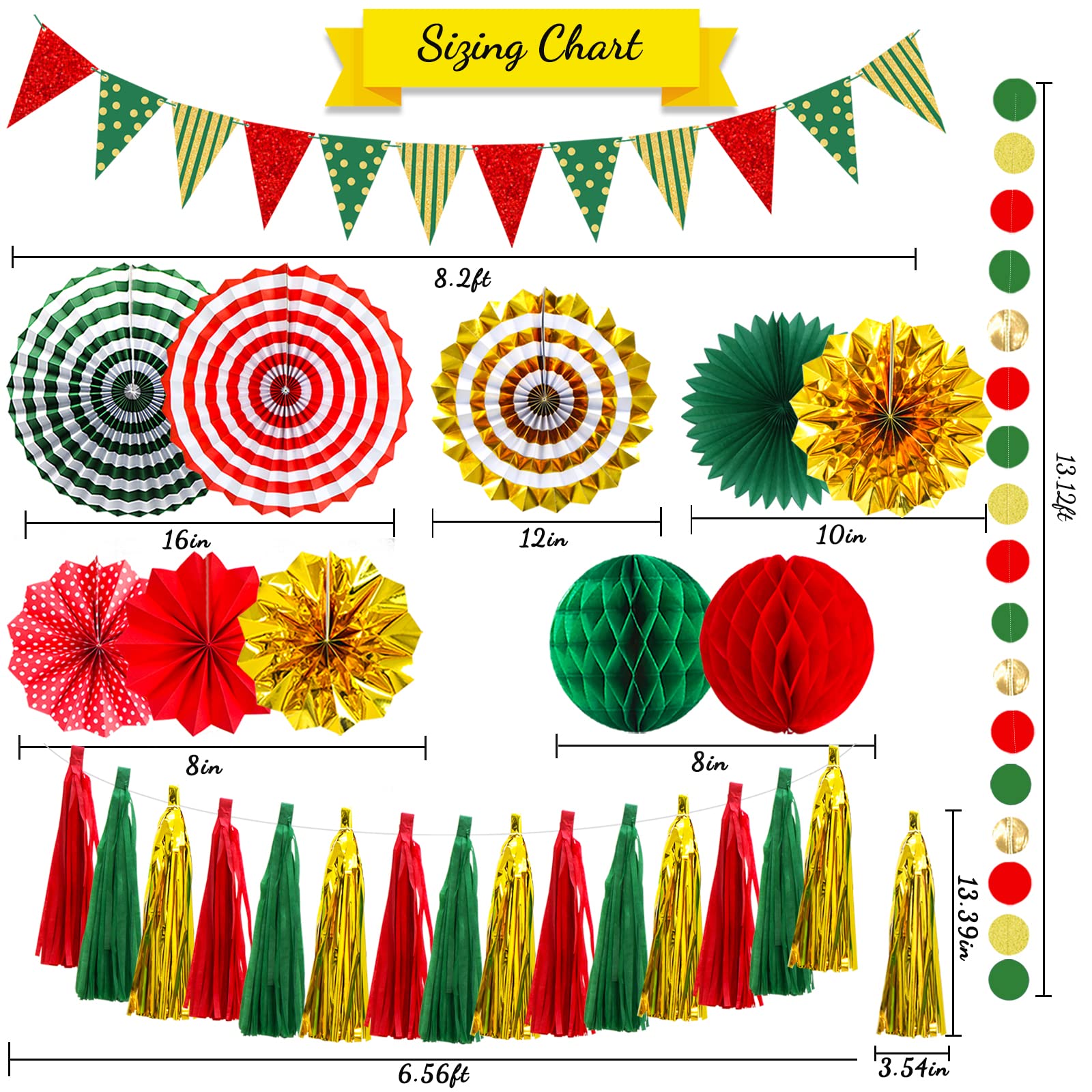 Red Green Gold Party Decoration Hanging Paper Fans, Pom Poms Flowers, Honeycomb Ball, Garlands String Polka Dot,Tassel Garland and Triangle Flags for Graduation, Birthday, Wedding, Baby Bridal Shower