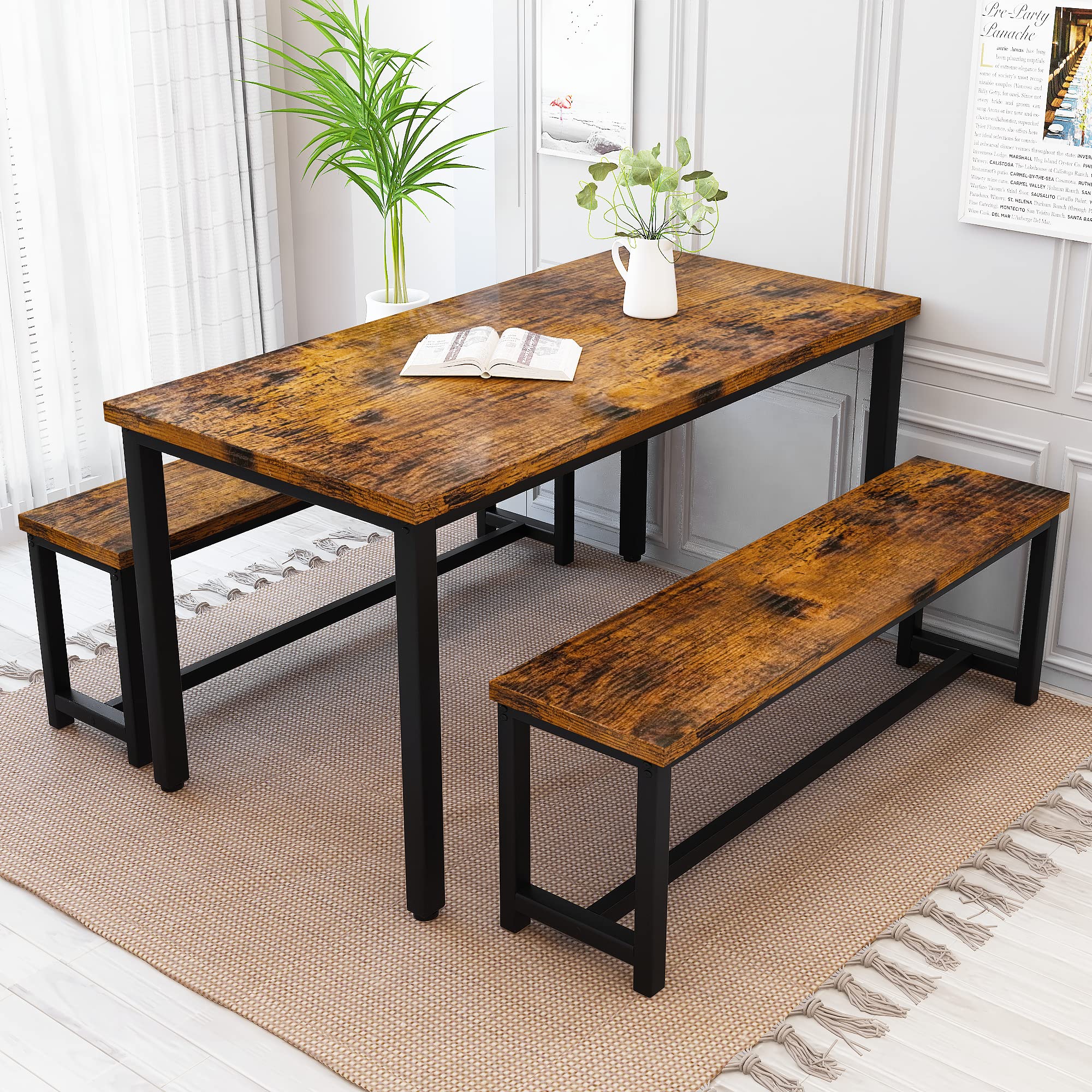 Recaceik Dining Table Set for 4 Kitchen Table Set with 2 Dining Benches, 3 Piece Farmhouse Dining Room Table Set Industrial Breakfast Nook Table Set for Small Space, Apartment, Rustic Brown