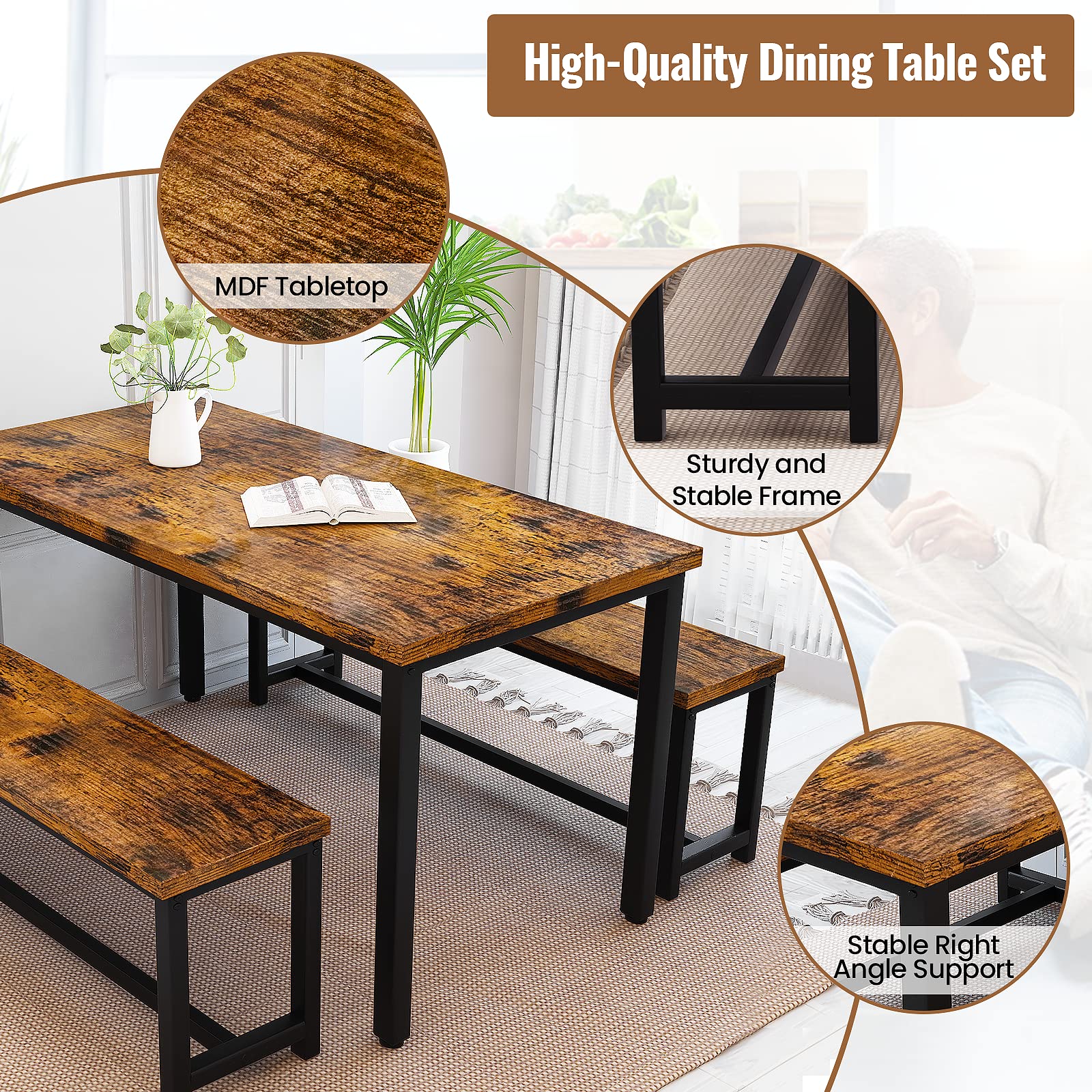 Recaceik Dining Table Set for 4 Kitchen Table Set with 2 Dining Benches, 3 Piece Farmhouse Dining Room Table Set Industrial Breakfast Nook Table Set for Small Space, Apartment, Rustic Brown