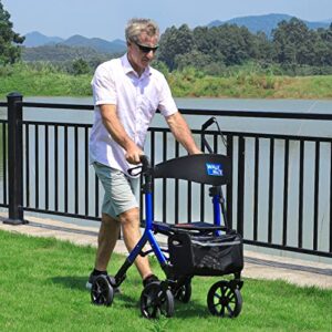 WALK MATE Rollator Walker for Seniors Taller 5.3~7ft with Height-Adjustable Seat, 10 Inch Wheels Wire-Hidden Walkers Compact Folding Design Lightweight Mobility Walking Aid Widen Backrest, Blue