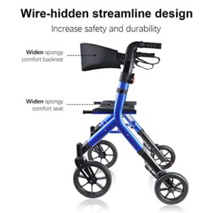 WALK MATE Rollator Walker for Seniors Taller 5.3~7ft with Height-Adjustable Seat, 10 Inch Wheels Wire-Hidden Walkers Compact Folding Design Lightweight Mobility Walking Aid Widen Backrest, Blue